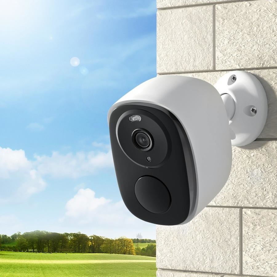 Wireless IP camera mounted on a brick wall